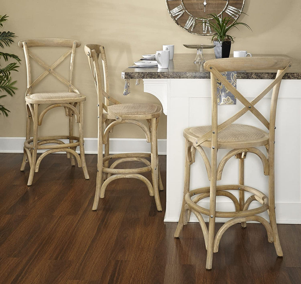 French Country Counter Stool, Wooden Frame With Curved Accents and X-Shaped Back