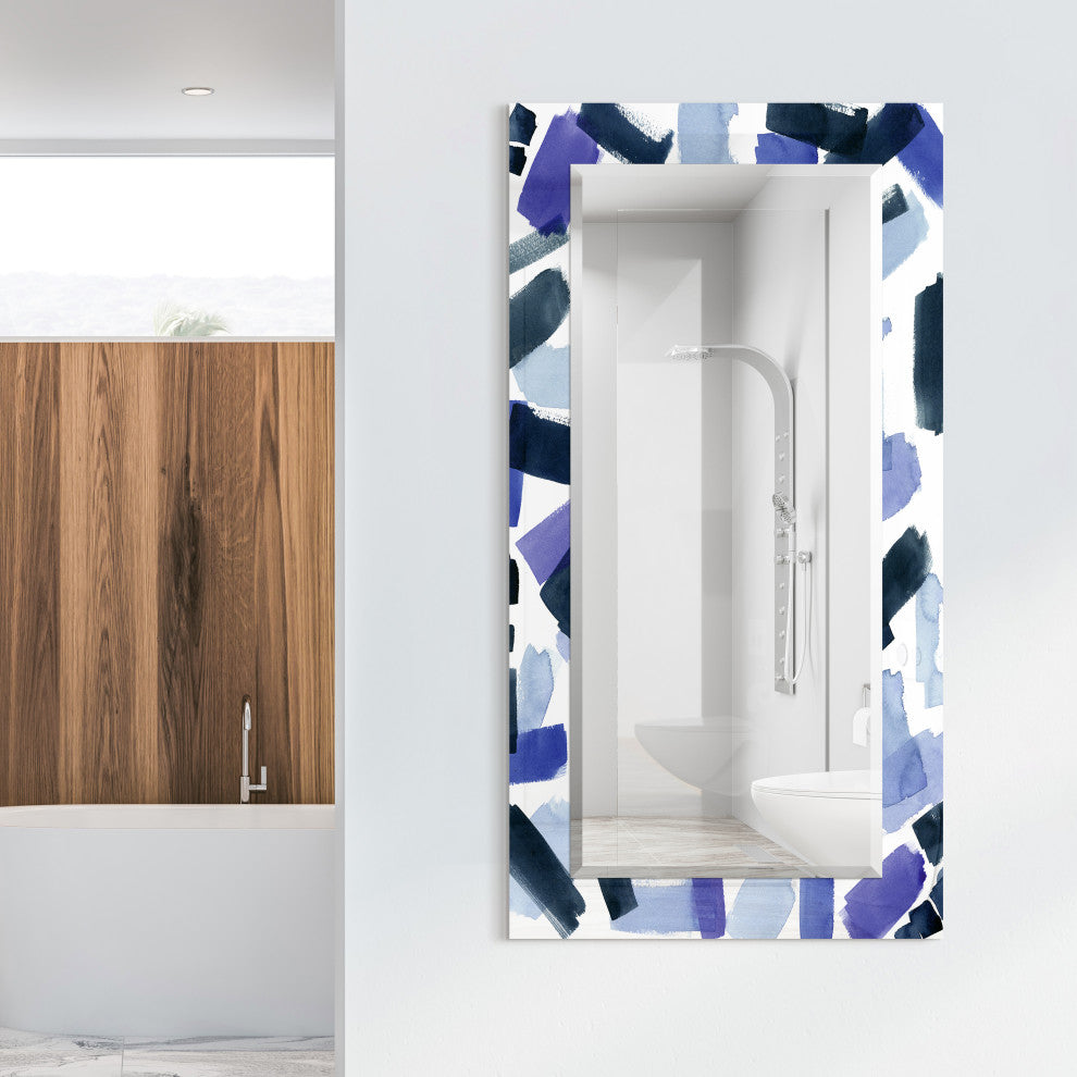 "Cerulean" Beveled Mirror on Printed Abstarct Tempered Art Glass, 54x28"