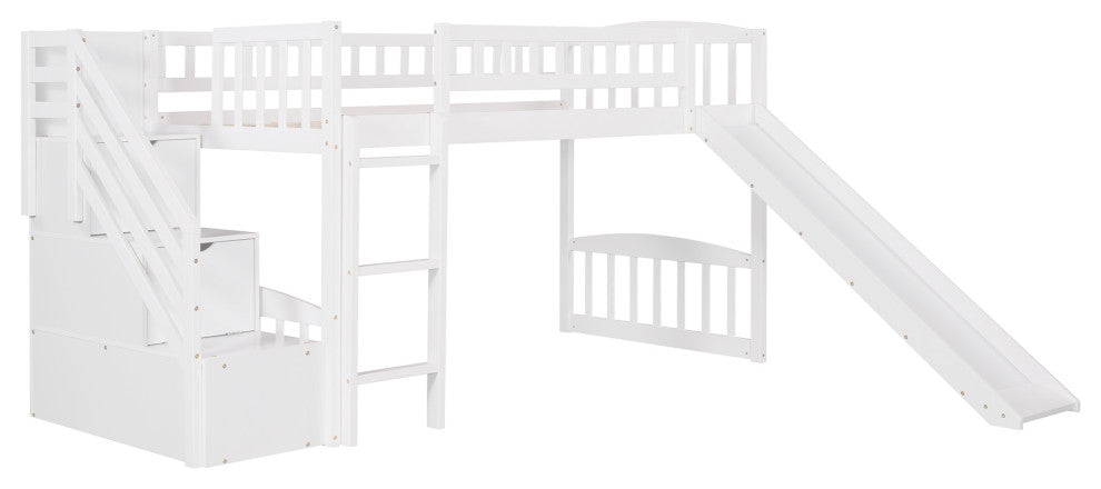 Gewnee Wood Twin Loft Bed with Storage Stairway and Slide in White
