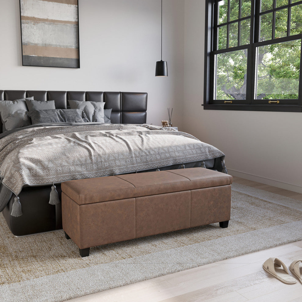 48" Elegant Leather/Linen Rectangular Storage Ottoman, Rustic Brown