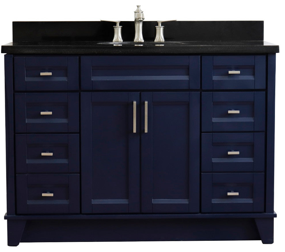 49" Single Sink Vanity, Blue Finish With Black Galaxy Granite And Oval Sink