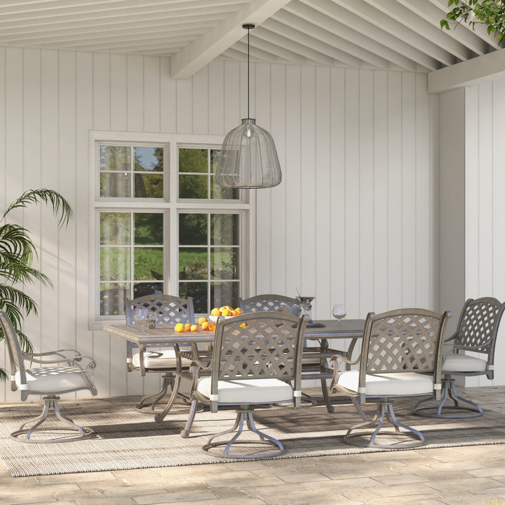 Carlsbad 7-Piece Rectangular Dining Set With 6 Swivel Rockers, Heritage Grey/Sand Dollar