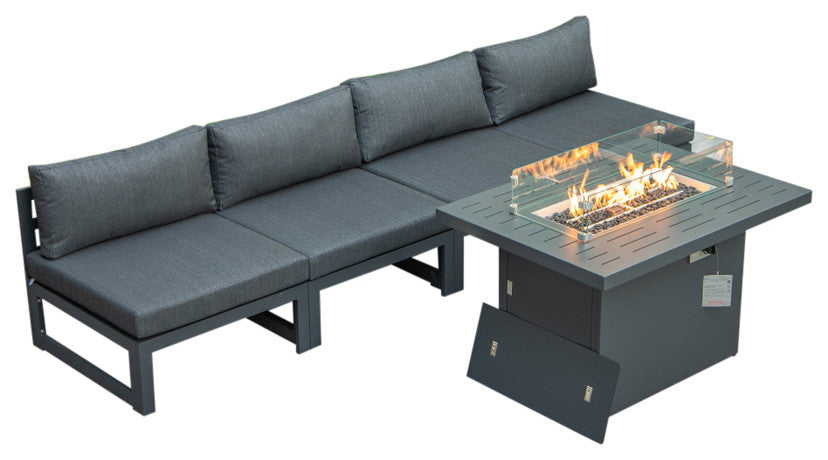 LeisureMod Chelsea 5-Piece Armless Patio Sectional and Fire Pit Set, Black