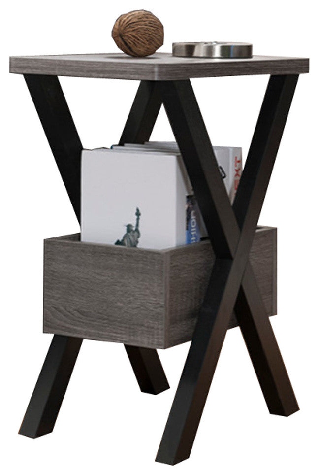 Wooden Chairside Table With Bottom Storage, Distressed Gray And Black