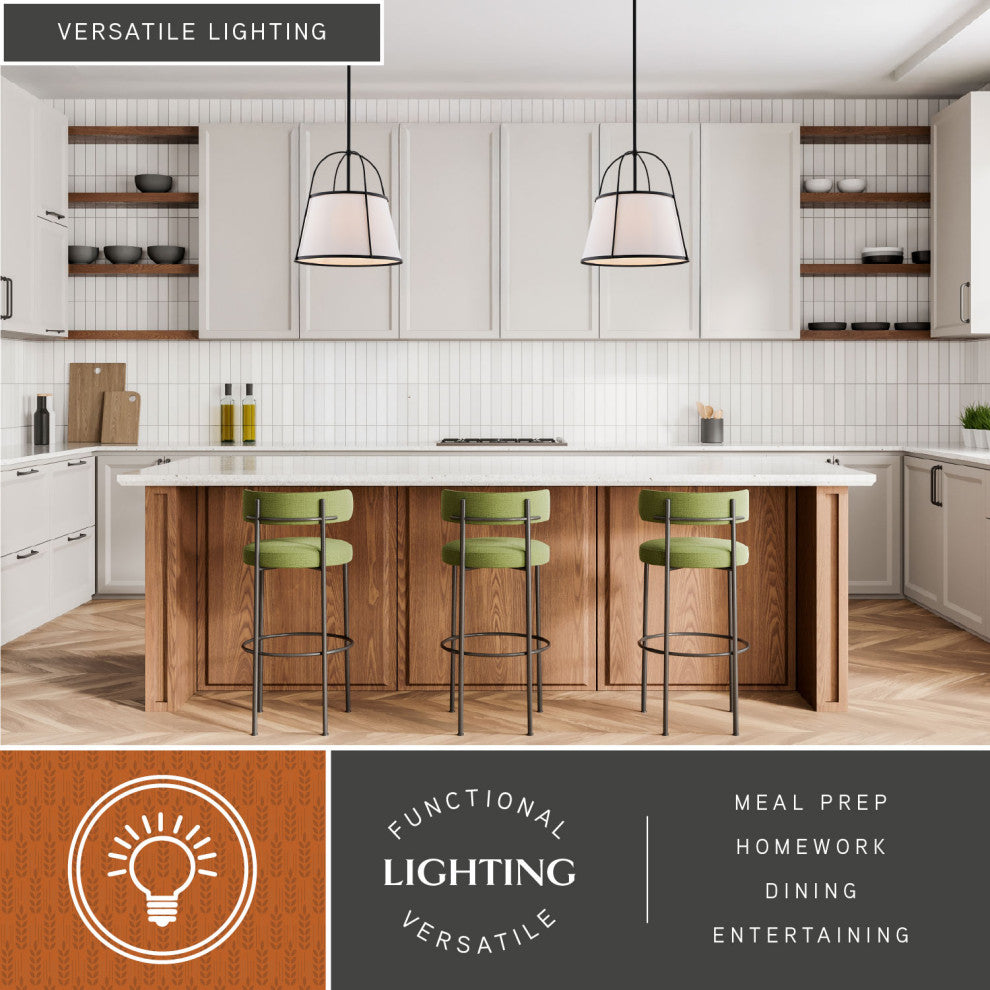 Marion 1-Light Matte Black Mid-Century Modern Cone Pendant, White Fabric Shade, Matte Black