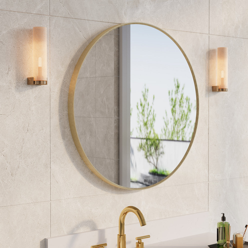Bella Round Anodized Aluminum Wall Vanity Mirror, Brushed Gold, 28"x28"