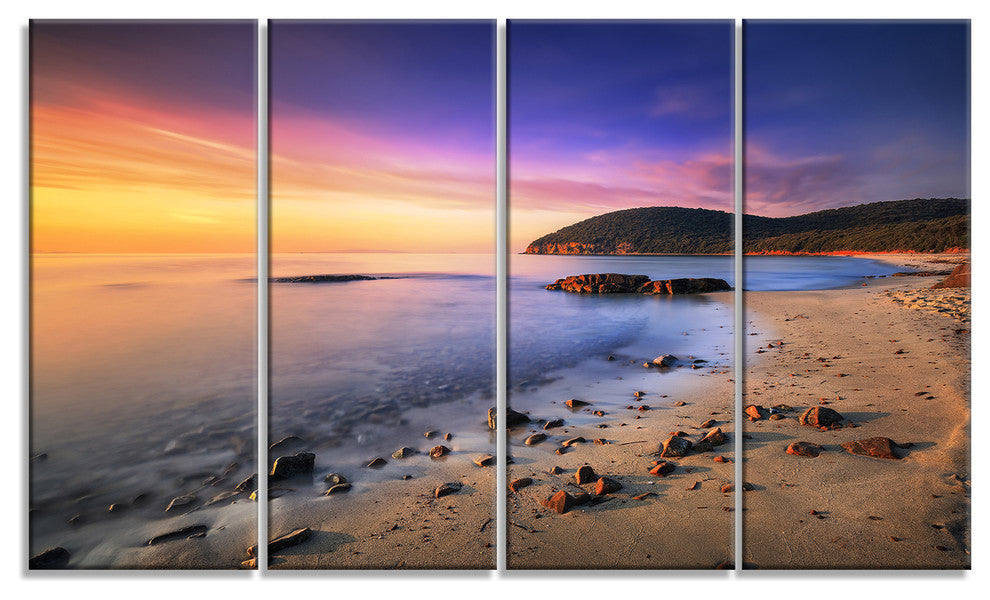 "Sunset in Cala Violina Bay Beach" Seashore Wall Art, 4 Panels, 48"x28"