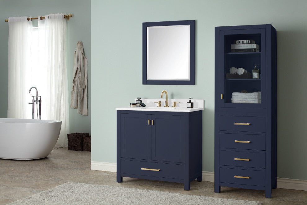 Avanity Modero Bath Vanity, Navy Blue, 37", Single Sink, Cala White Engineered S