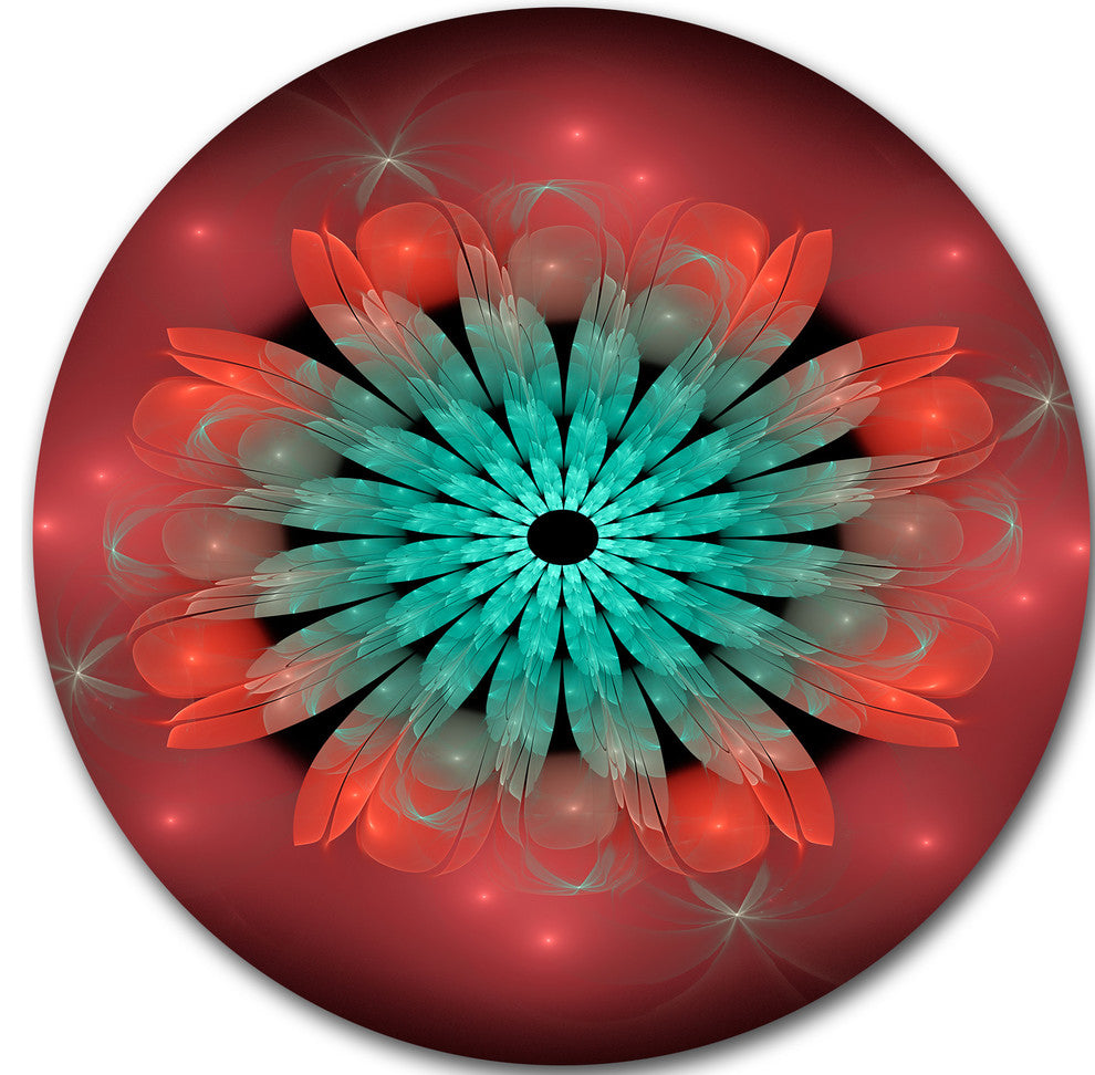 Fractal Blooming Blue Red Flower, Floral Art Round Metal Wall Art, 11"
