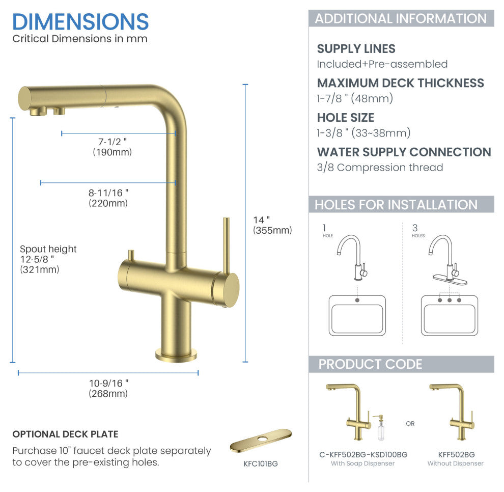 Circular 2-in-1 Water Filter Kitchen Pull Out Faucet, Brushed Gold
