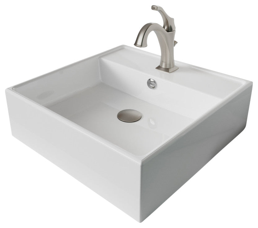 Elavo Square Ceramic Vessel Sink, Bathroom Arlo Faucet, Drain, SFS Stainless