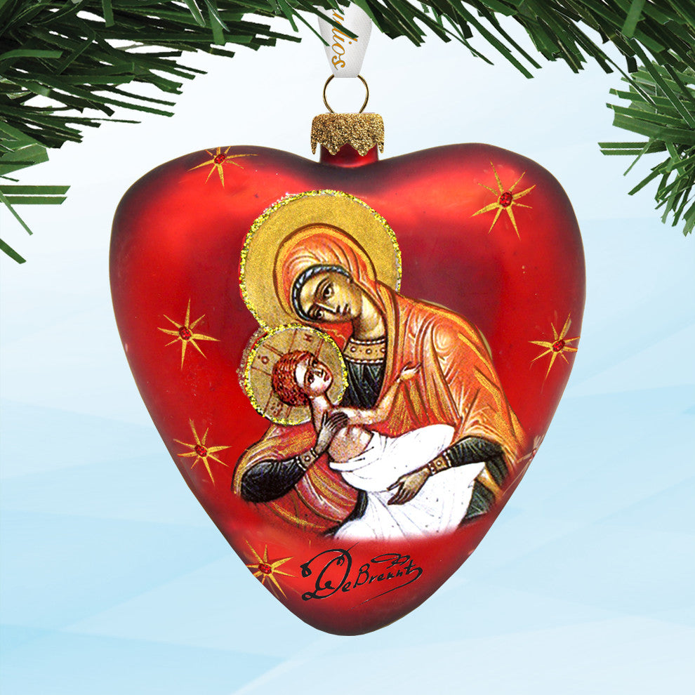 Hand Painted Scenic Glass Ornament Mary and Jesus Heart