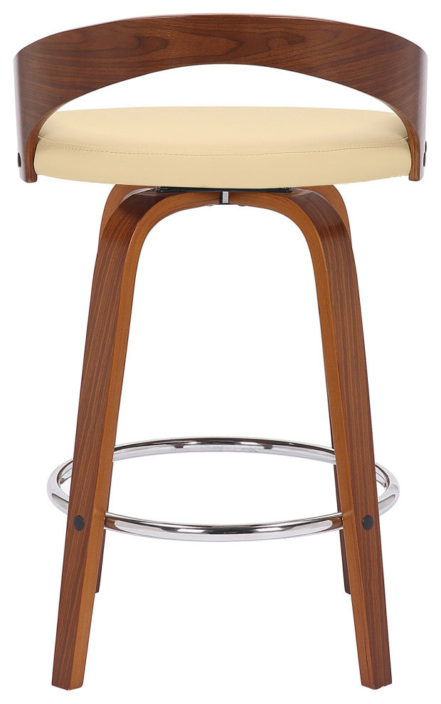 Sonia Swivel Faux Leather and Wood Stool, Cream/Walnut, Counter Height 26"