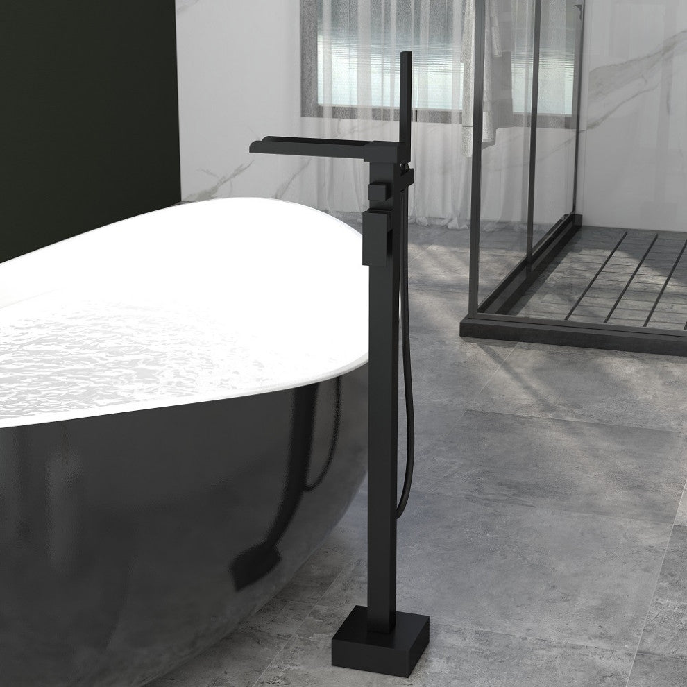 Modern Waterfall Freestanding Bathroom Bathtub Faucet Floor Mount Tub Filler, Matte Black