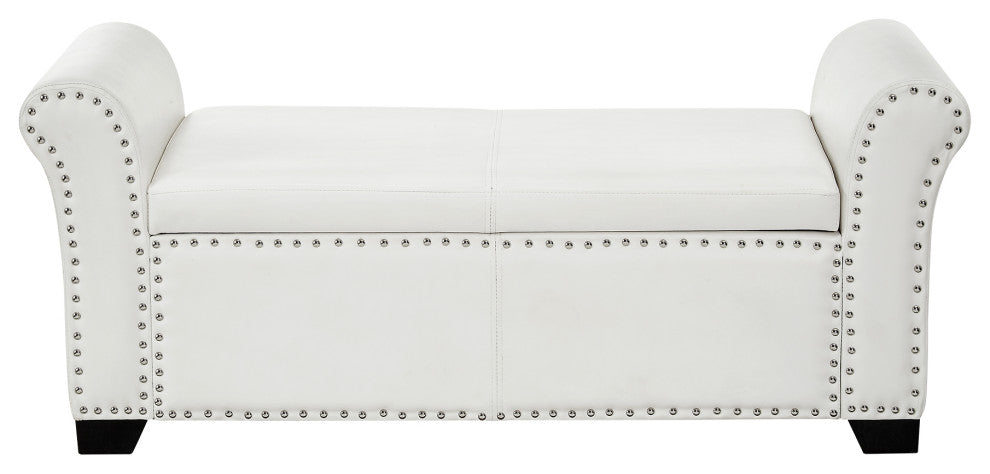 Veber PU Leather Nailhead Trim Storage Ottoman Bench, Ivory