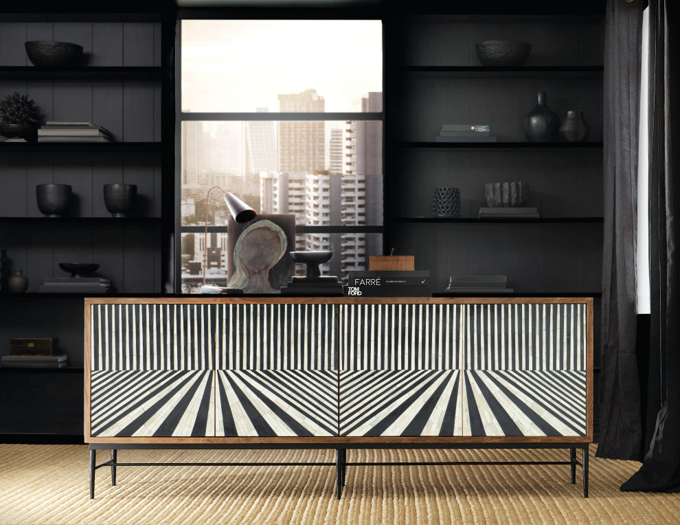 Lifestyle photograph showing the credenza in a room context; product visible.