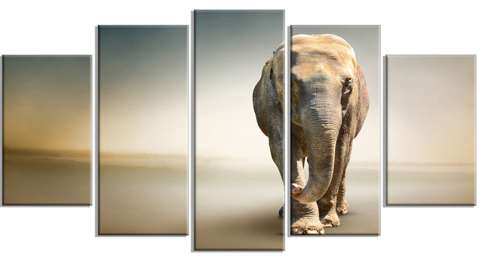 Smart Elephant Walking, Animal Canvas Wall Art, 60"x32", 5 Panels