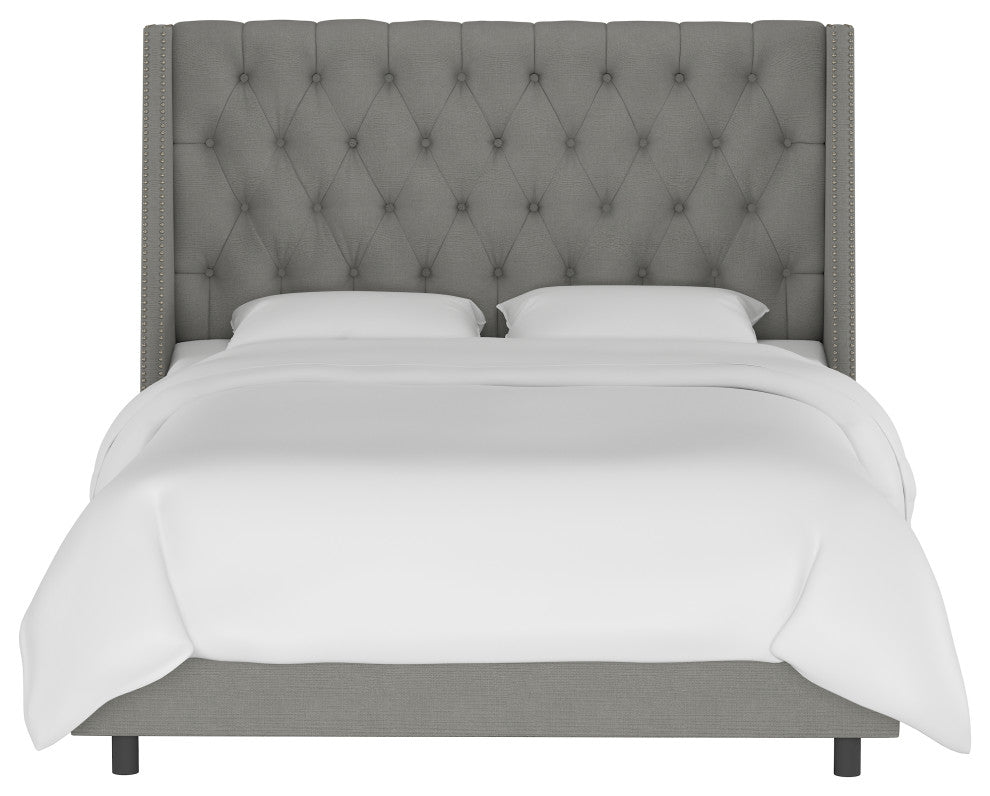 Williams Full Nail Button Wingback Bed, Linen Gray