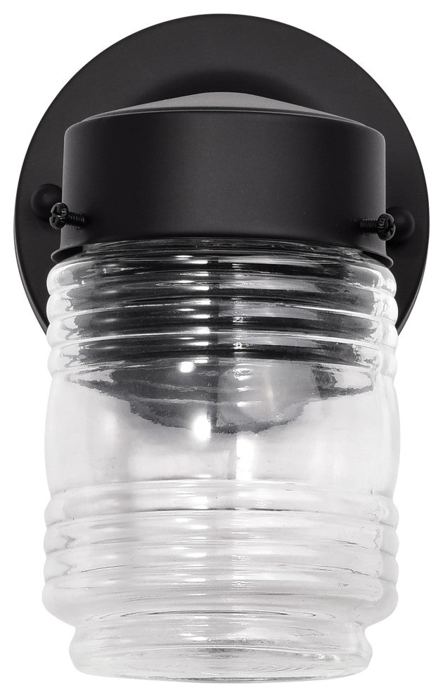 8W 1-Light Porch Wall, Mason Jar 3K, Black Finish With Clear Glass