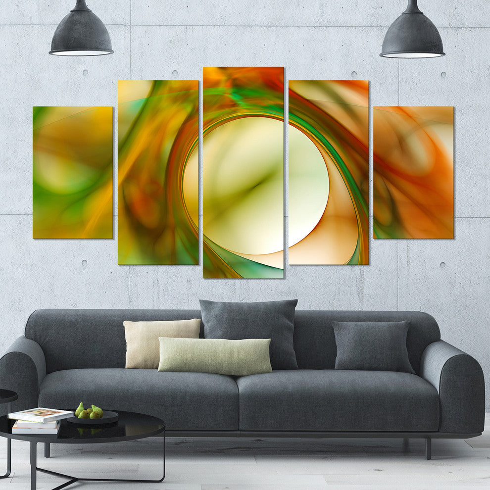 Circled Green Psychedelic Texture, Contemporary Art on Canvas, 60"x32", 5 Panels