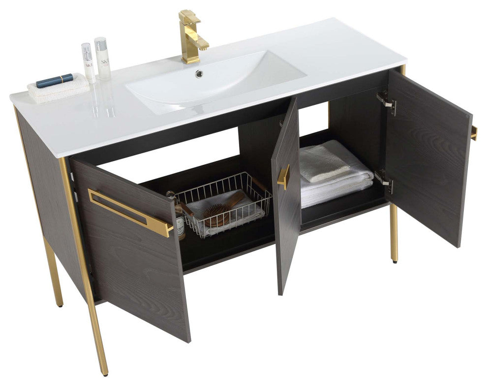 Oakville Bath Vanity, Ceramic Sink, Black Coal Oak, 48 Inch, Satin Brass Hardwar