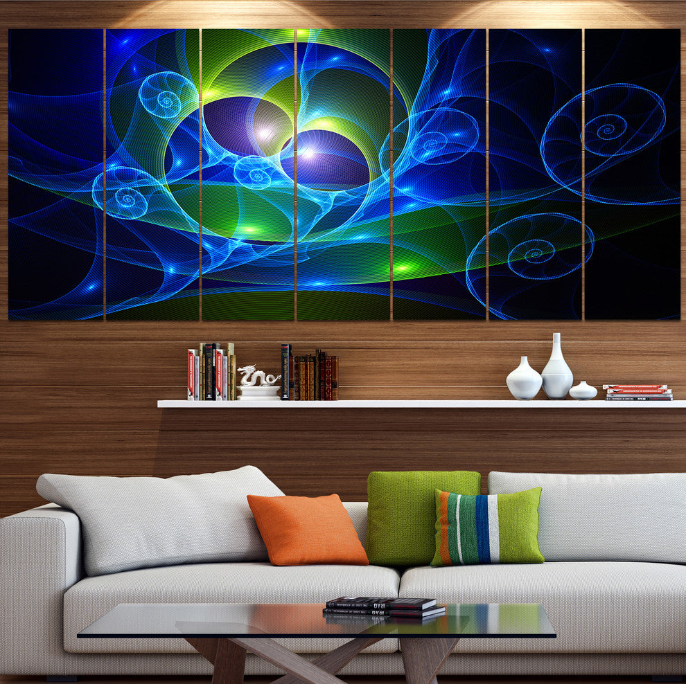Blue Curly Spiral on Black, Abstract Wall Art Canvas, 83"x32", 7 Panels