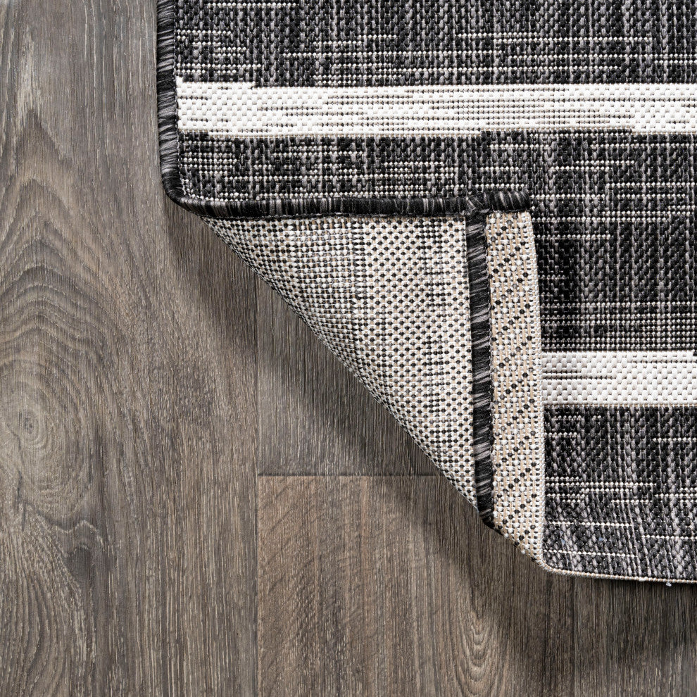 Colonia Berber Stripe Indoor/Outdoor Rug, Black/Ivory, 2x8