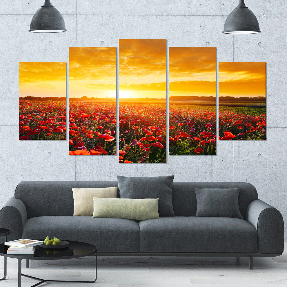 Poppy Field under Ablaze Sunset, Contemporary Wall Art Canvas, 60"x32", 5 Panels
