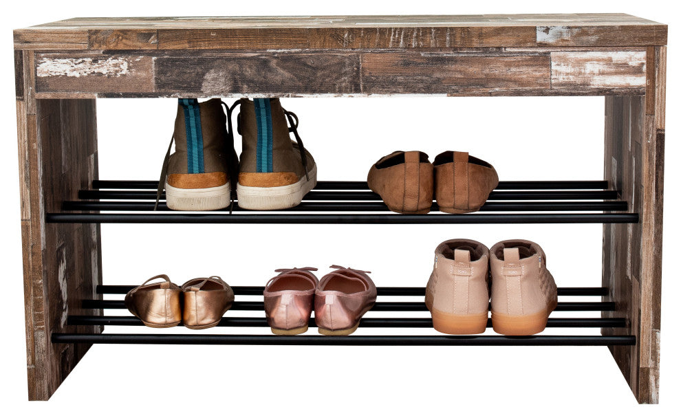 Two-Tier Industrial Decorative Shoe Bench, Distressed Wood Finish