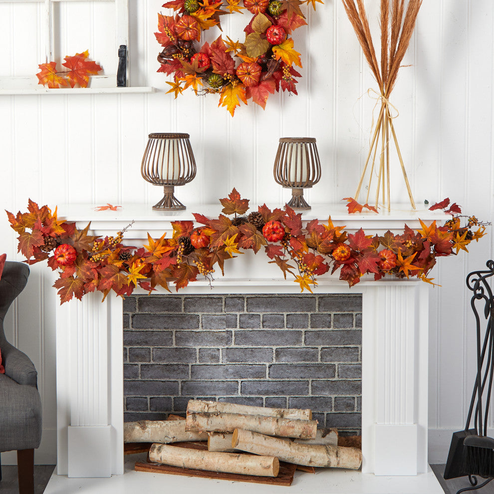 6' Autumn Maple Leaf, Pumpkin, Gourd and Berry Artificial Fall Garland