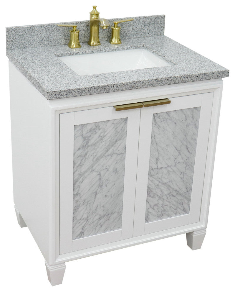31" Single Sink Vanity, White Finish With Gray Granite With Rectangle Sink