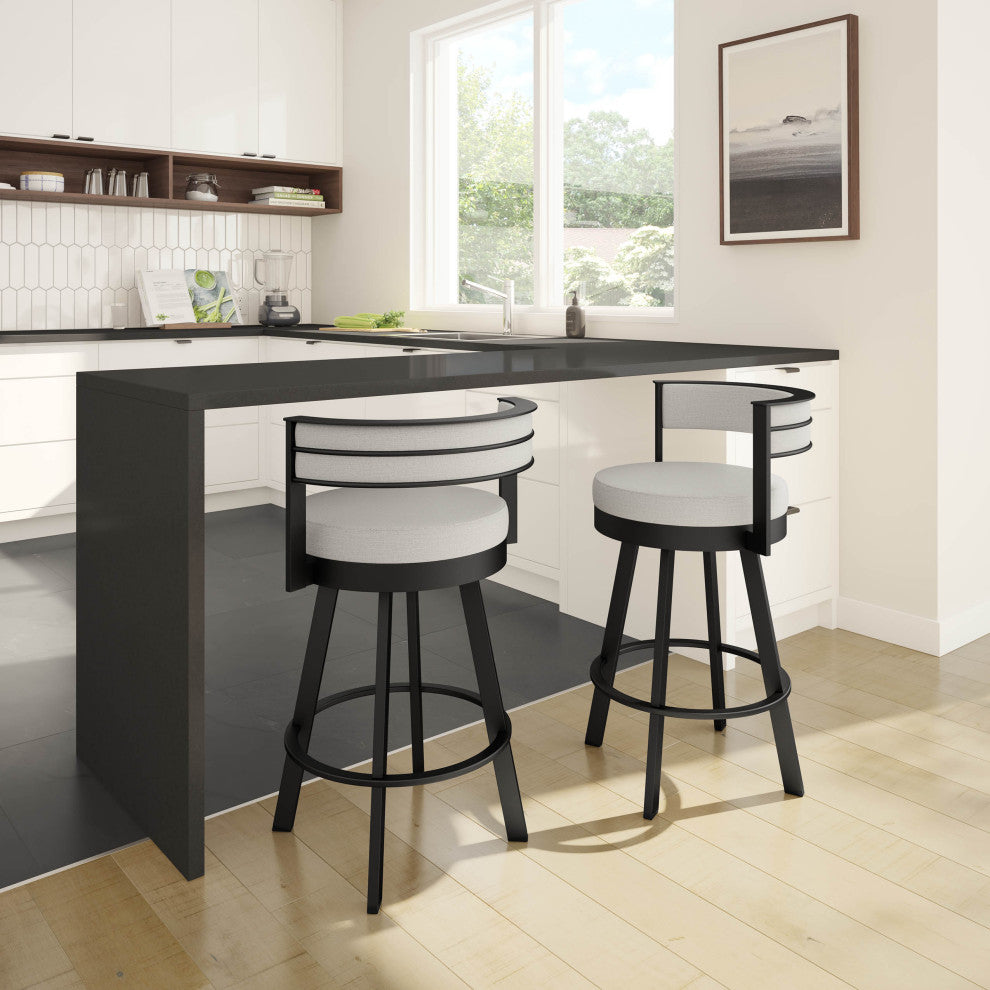 Amisco Browser Swivel Counter and Bar Stool, Light Grey Polyester / Black Metal, Bar Height