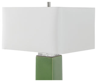 Lush Green Square Cylinder Column Table Lamp, Ceramic Organic Tropical White