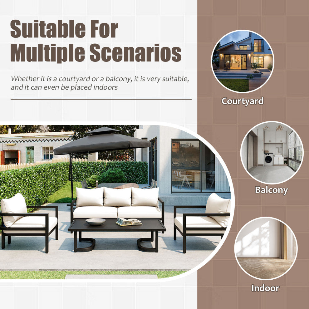 4-Piece Outdoor  Steel Patio Sectional with Table and Cushions, Beige