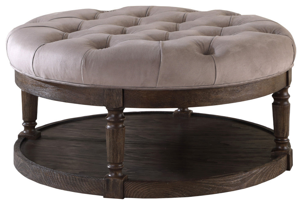 Smoked Rustic Gray Tufted Upholstered Round Ottoman, Grey Velvet