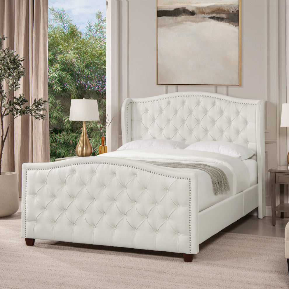 Marcella Upholstered Tufted Shelter Wingback Panel Bed, Antique White Polyester, Queen