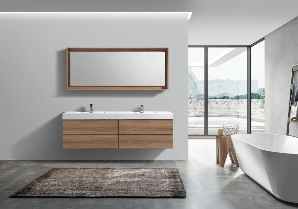 Bliss 72'' Wall Mount Double Sink Modern Bathroom Vanity, Honey Oak