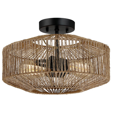 14" W 2-Light Bohemian Jute Rope Semi-Flush Mount