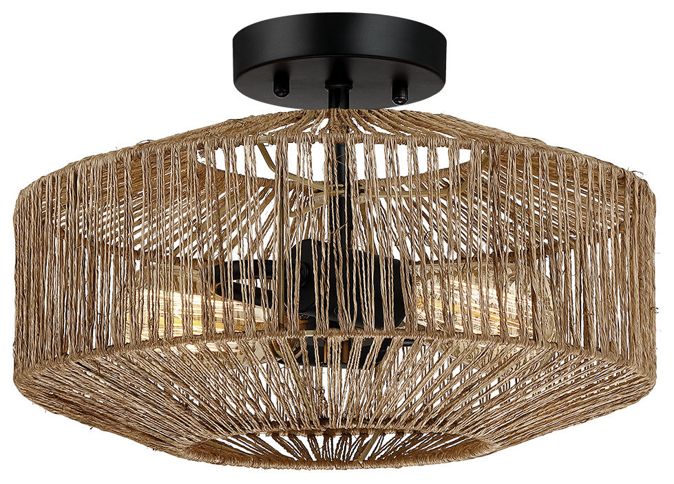 14" W 2-Light Bohemian Jute Rope Semi-Flush Mount
