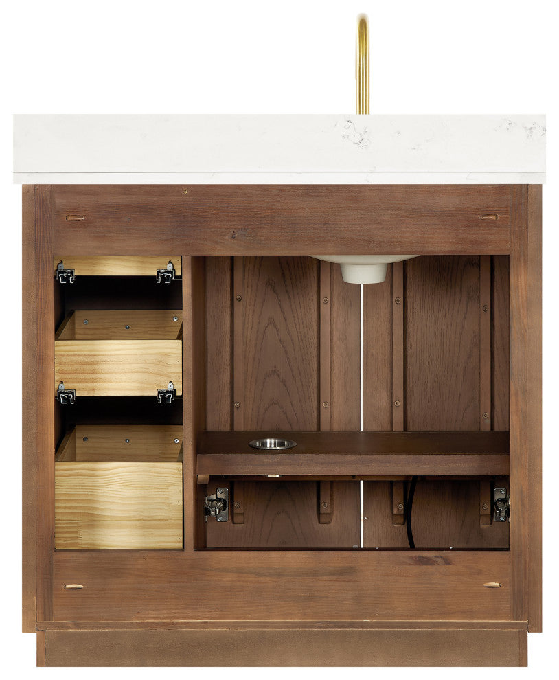 Oza Bath Vanity with Quartz Stone Top, Aged Dark Brown Oak, 36", Single Vanity, No Mirror