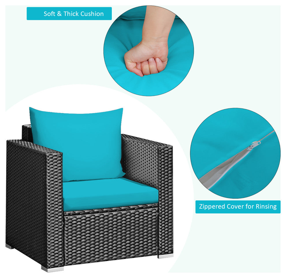 Costway 3PCS Patio Rattan Wicker Furniture Set Sofa Table W/Cushion Turquoise