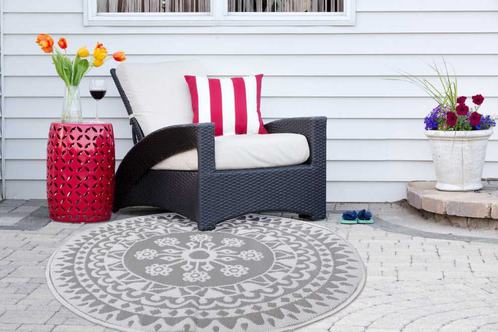 Gray Floral Outdoor Rug 5 Ft Round