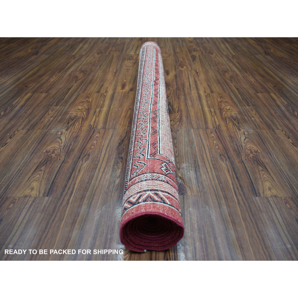 Red Peshawar Berber Motifs Pop of Color Pure Wool Hand Knotted Rug, 5'10"x8'10"
