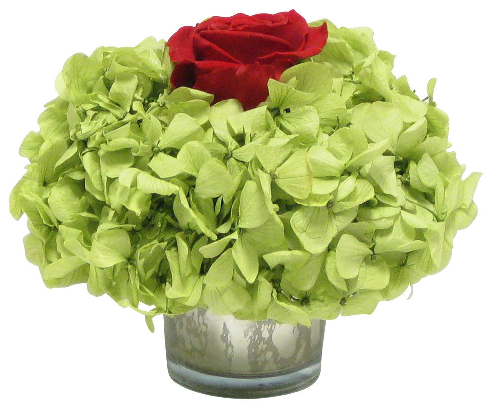 Mercury Glass Votive, Red Rose and Basil Hydrangea