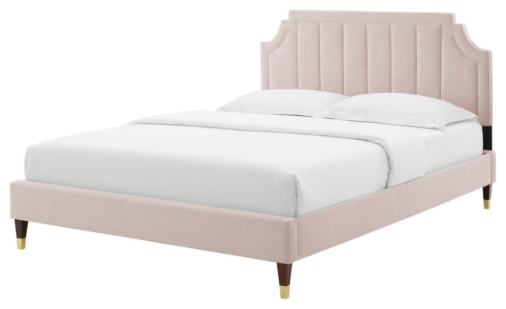 Platform Bed Frame, King Size, Velvet, Pink, Modern Contemporary, Bedroom Master