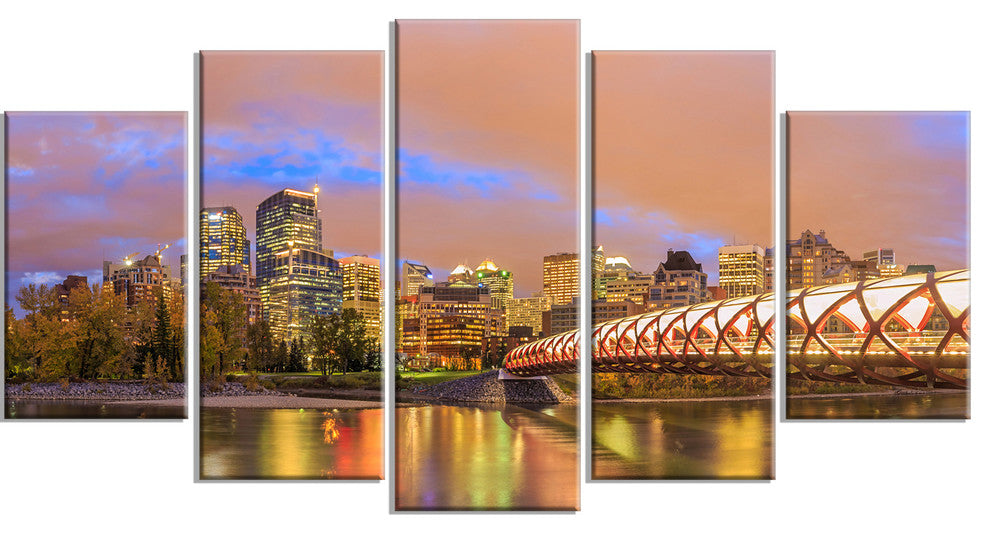 "Calgary at Night" Cityscape Photography Canvas Print, 5 Panels, 60"x32"