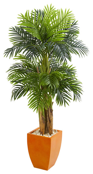Triple Areca Palm Artificial Tree, Orange Planter