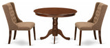 3Pc Dining Set, 1 Pedestal Table, 2 Light Sable Chairs, Back, Mahogany Finish