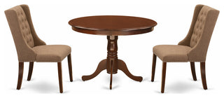 3Pc Dining Set, 1 Pedestal Table, 2 Light Sable Chairs, Back, Mahogany Finish