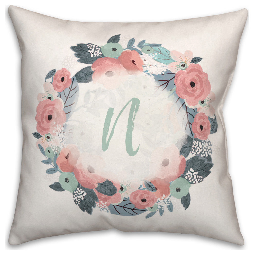 N Monogram Wreath 18x18 Spun Poly Pillow